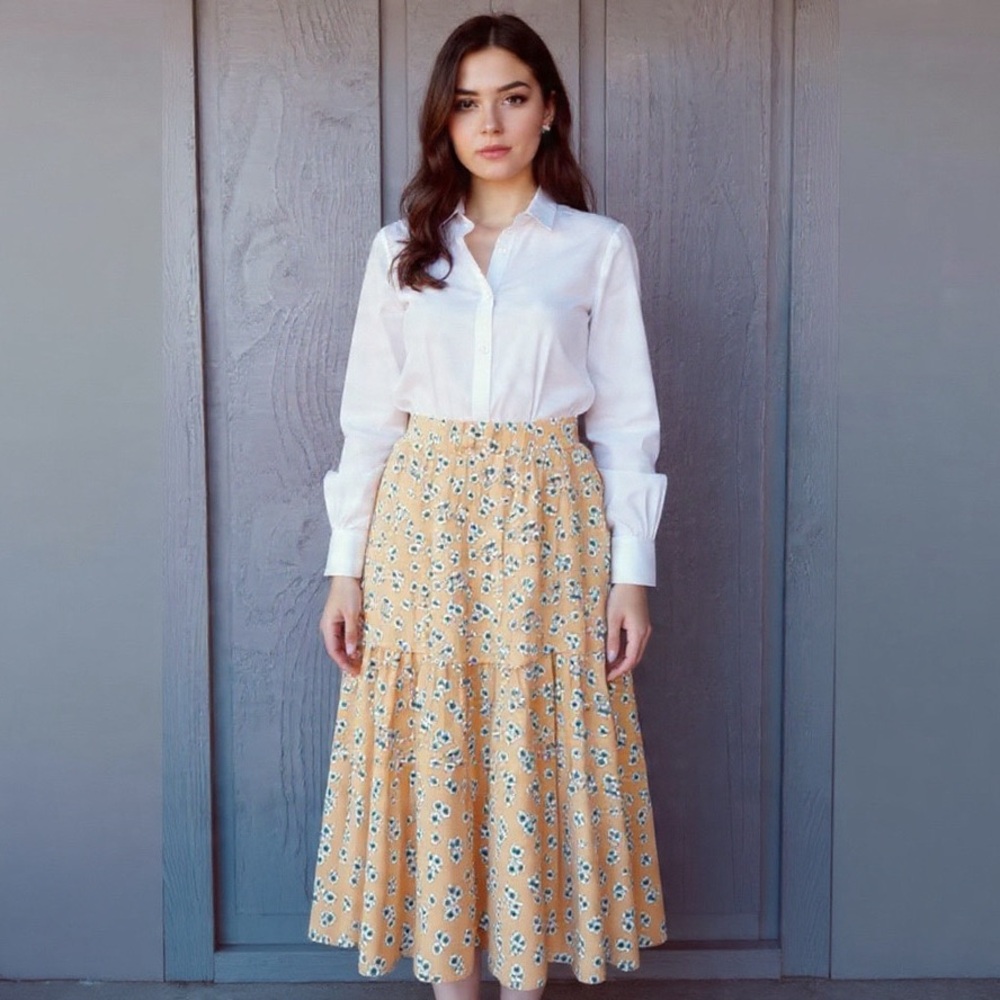 PAPAYA  Buttery Yellow Ditsy Floral Skirt Western Prairie Ruffle Tiered
